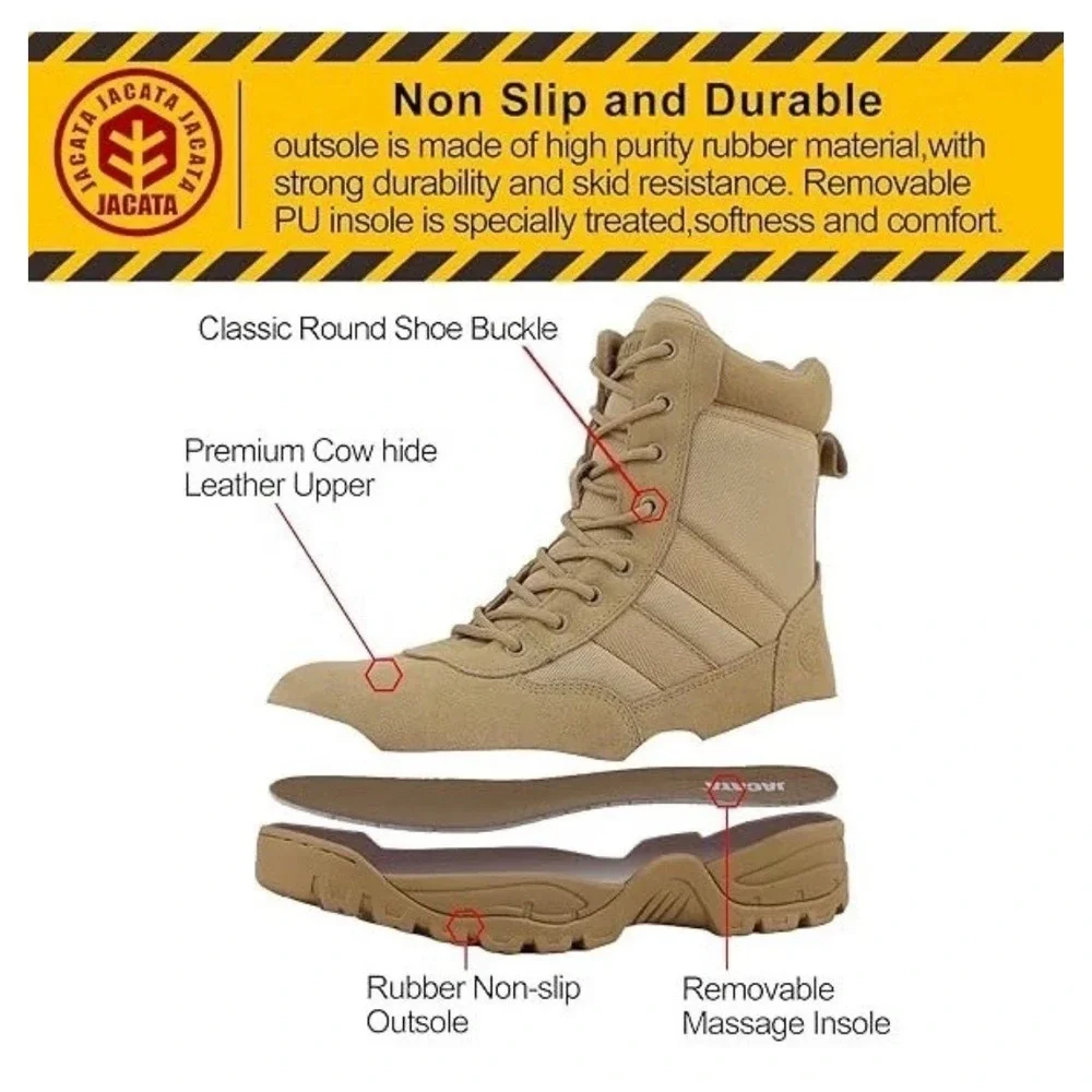 Jacata Mens Tactical Military Work Boots Sand Leather Side Zip Size 10